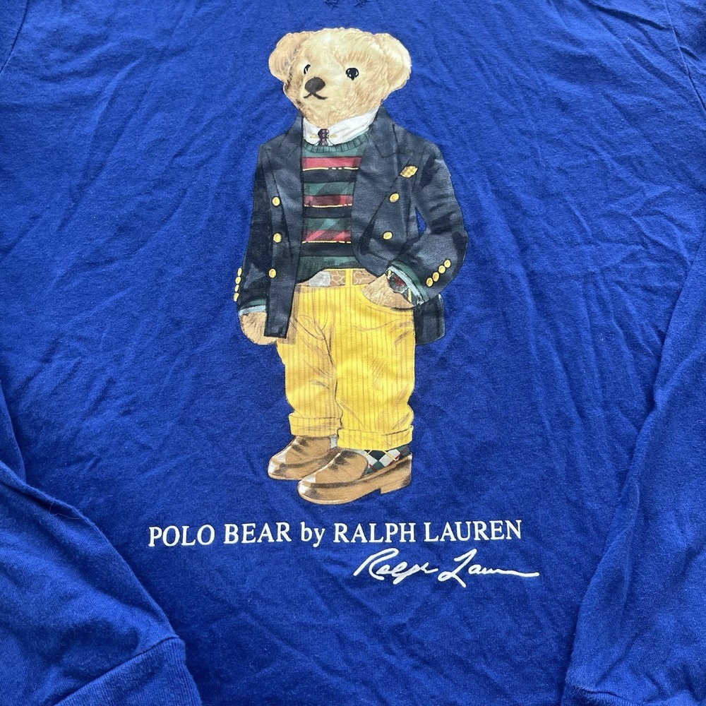Polo Ralph Lauren Shirt Boys L 14/16 Blue Bear Graphic Hooded Long Sleeve - Picture 3 of 6